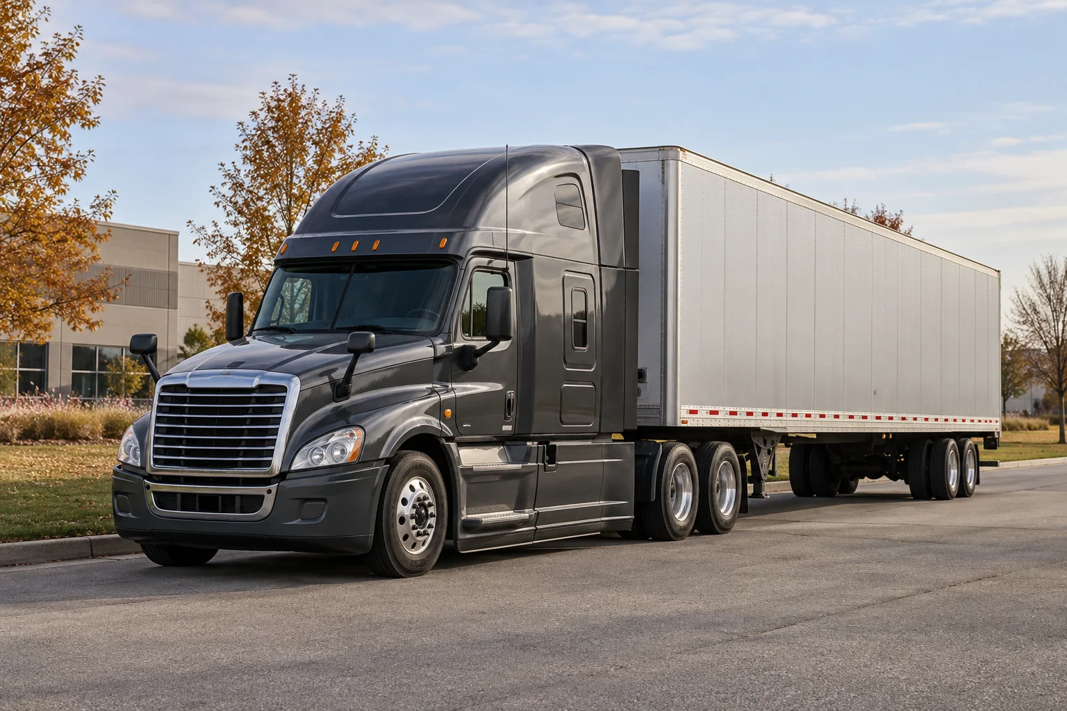 Illustrative AI-generated charcoal American semi-truck with silver trailer on a Midwestern industrial road