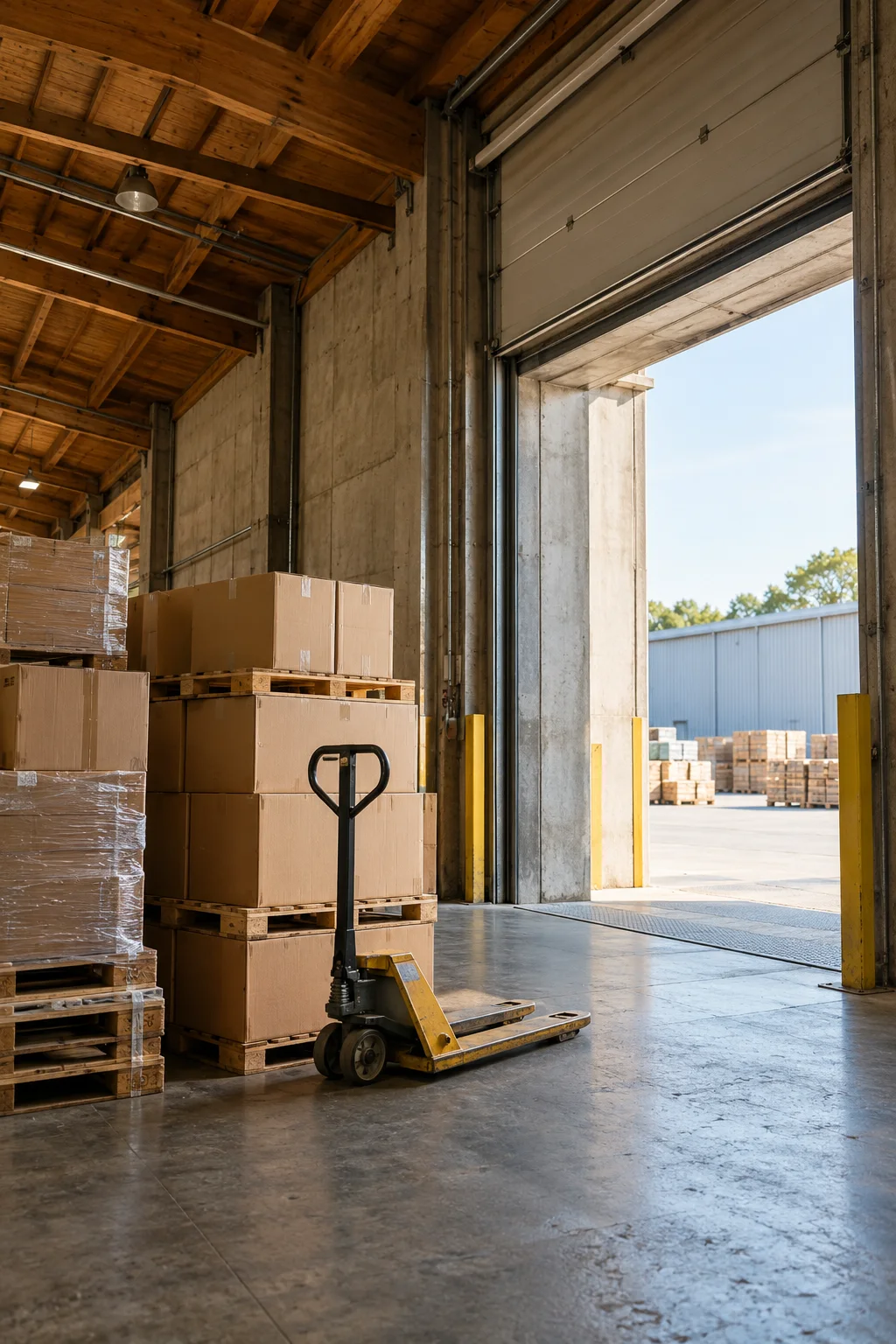 Illustrative AI-generated warehouse doorway with palletized cartons and a manual pallet jack